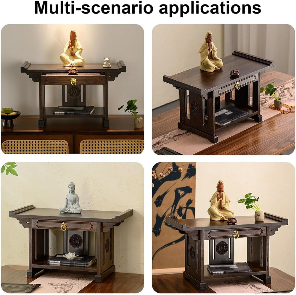2-Tier Meditation Table, Personal Shrine Altar Cabinet with Retractable Pull ...