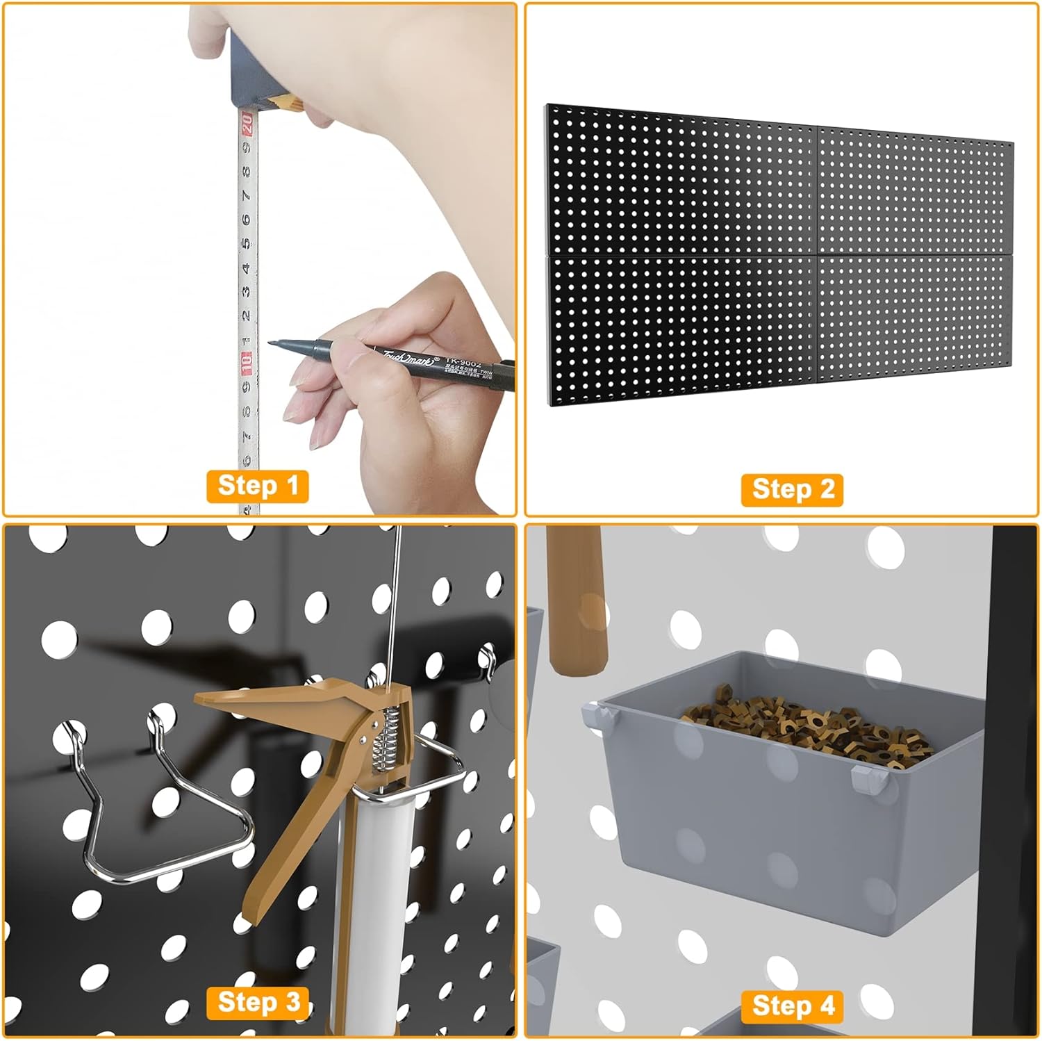 Pegboard Smith 4x2ft Metal Pegboard Kit for Tools Storage, Black Pegboard Wall Organizer with Hooks and Pegboard Bins