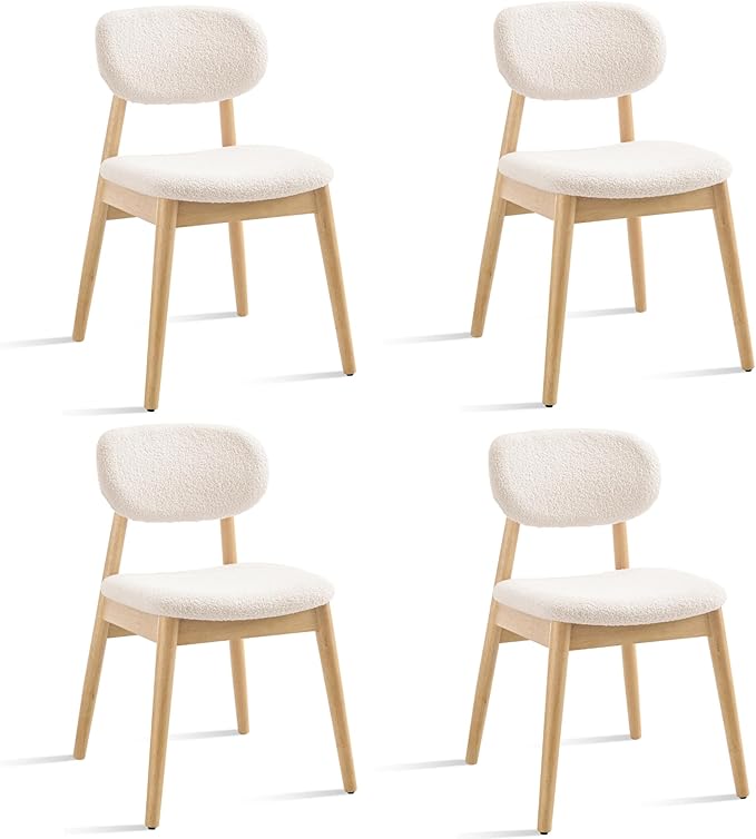 Wooden Dining Chairs Set of 4, Farmhouse Boucle Upholstered Kitchen Chairs, White