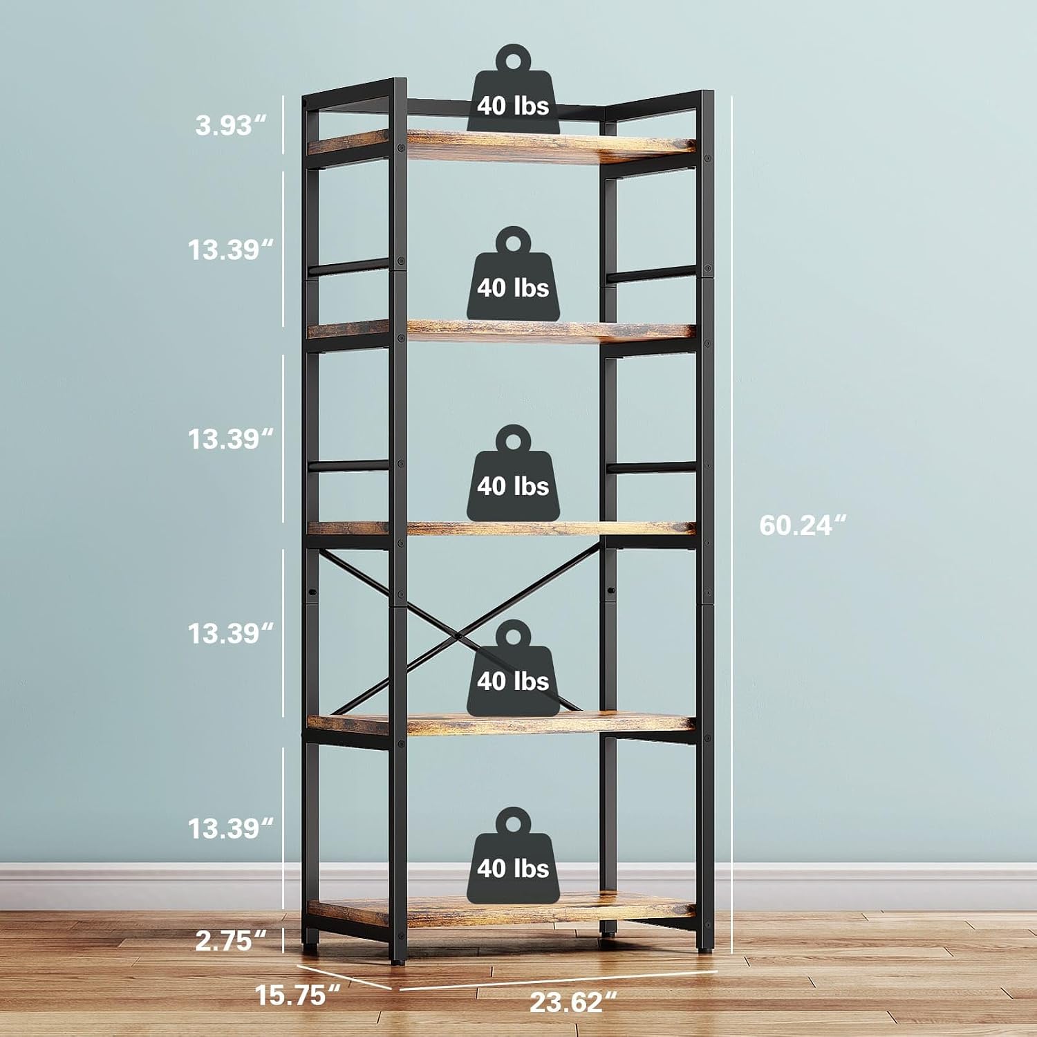Denkee 5-Tier Bakers Rack for Kitchen with Storage, Industrial Microwave Stand Shelf, Coffee Bar for Small Spaces, Free Standing Kitchen Storage Shelf Rack, 23.7" L x 15.8" W x 60.3" H