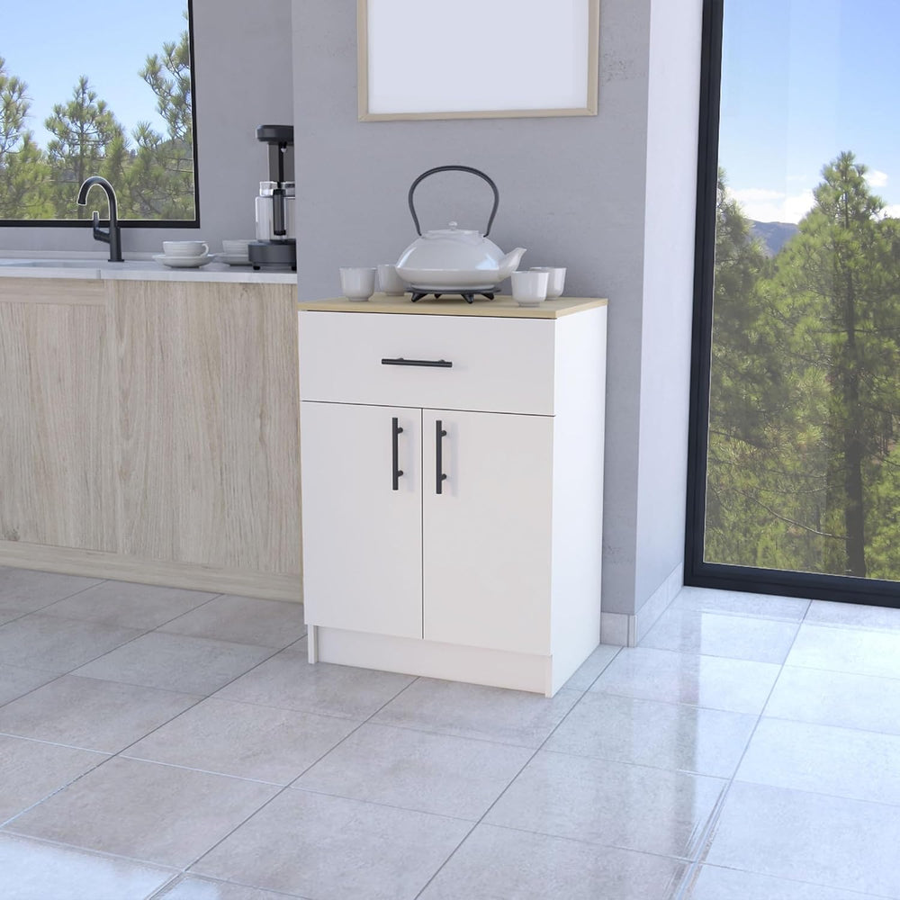 Cope Kitchen Pantry in Melamine with 2 Doors and 1 Drawer, Ivory/Natural Oak,...