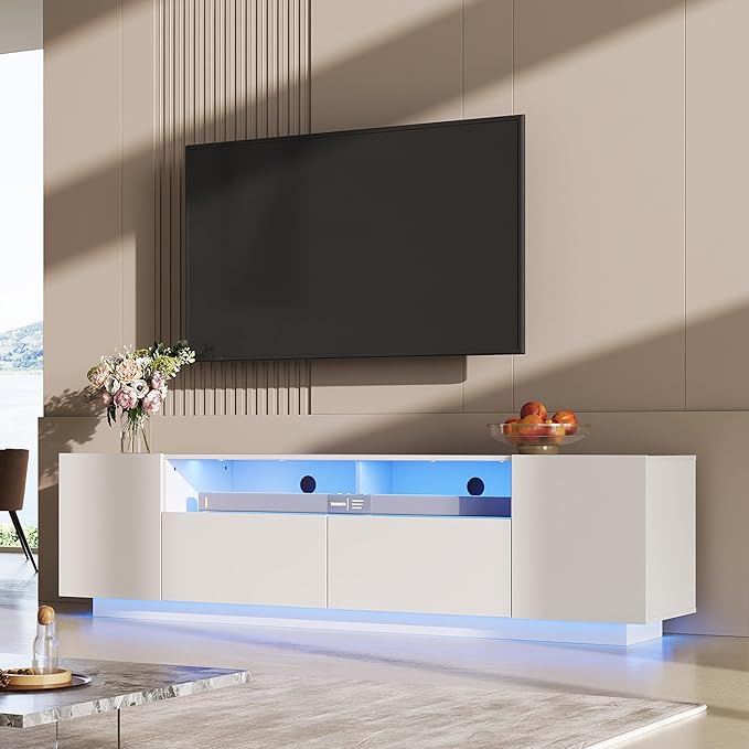 WLIVE LED TV Stand with Large Storage Cabinet, Modern Entertainment Center for 55/60/65/70/75 Inch TVs, Sturdy TV Console for Living Room, Bedroom,Rec Room(White)