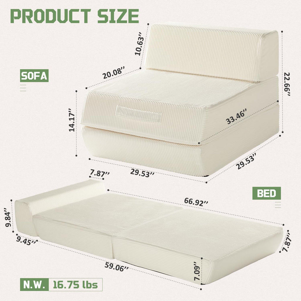 Trenda Folding Chair Bed, 16lbs Convertible Sleeper Chair Sofa Bed, Beige | 3-in-1 folding chair bed with solid foam, washable cover and handle. Converts to sofa, lounger & guest bed for small spaces.