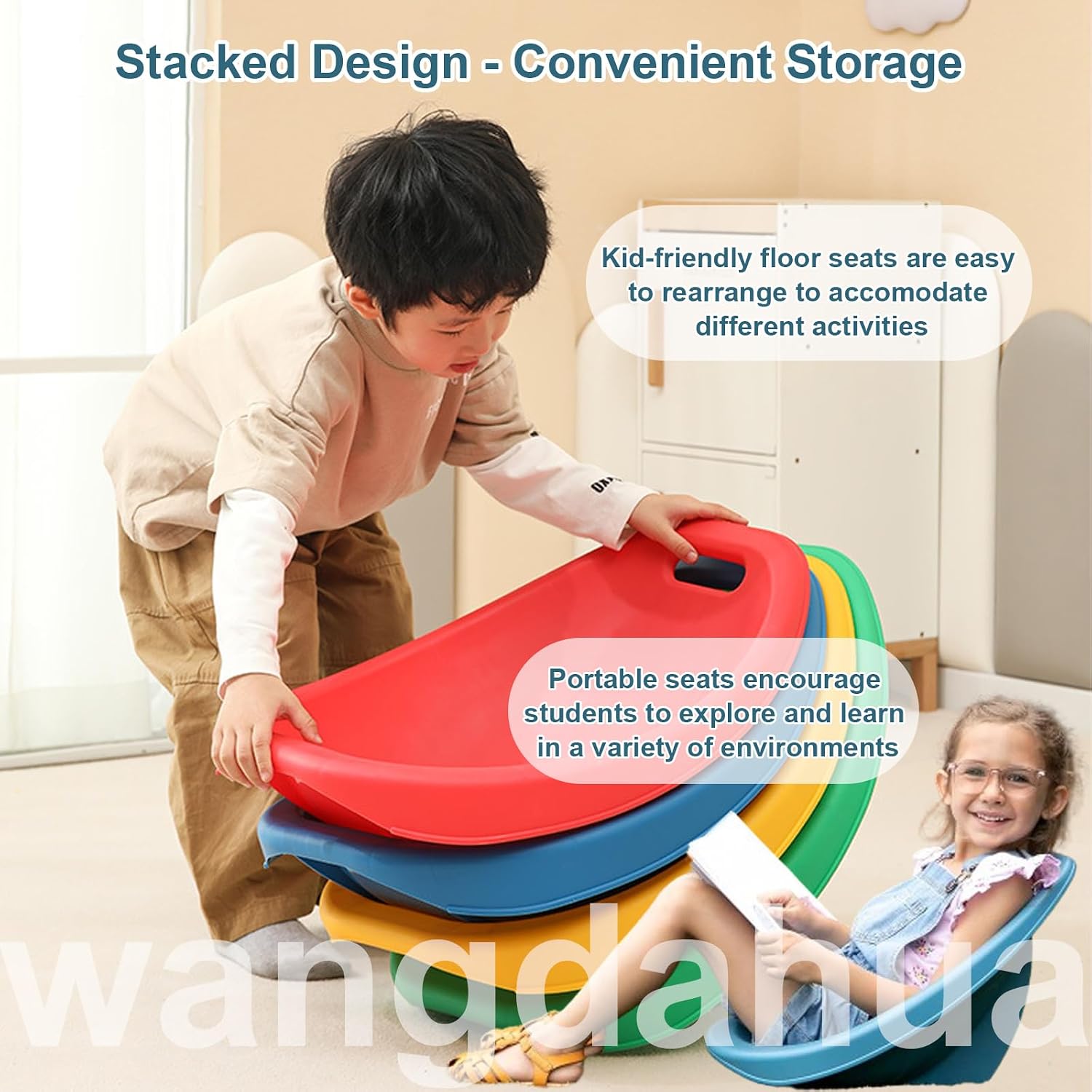 Scoop Rocker Chair for Kids, Plastic Scoop Chairs for Classroom, Portable Reading Chair with Back Support, Toddler Floor Chair Sensory Balance Scoop Wobble Seat,Blue,1pcs