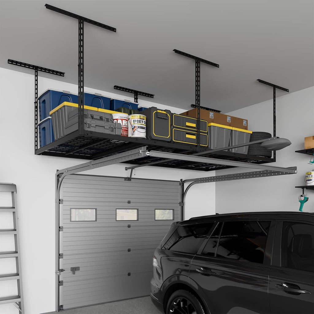 Jusgym 4X8FT Overhead Garage Storage Rack, 26"-40" Height Adjustable Garage Ceiling Storage Racks, Heavy Duty Metal Overhead Storage Organizer System, 750LBS Weight Capacity