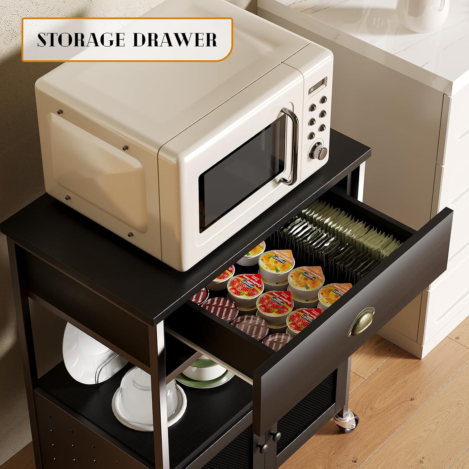Catrimown Coffee Bar Cart Cabinet,3 Tier Coffee Station Table on Wheels,Coffee Cart with Storage for Home Kitchen, Liquor Buffet Sideboard Cabinet, Black