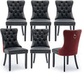 Leather Upholstered Dining Chairs Set of 6, Modern Style Kitchen Side Chairs with Nailhead Trim and Wood Leg, Metal Pulling Ring for Dining Room Living Room(Black&Wine Red)