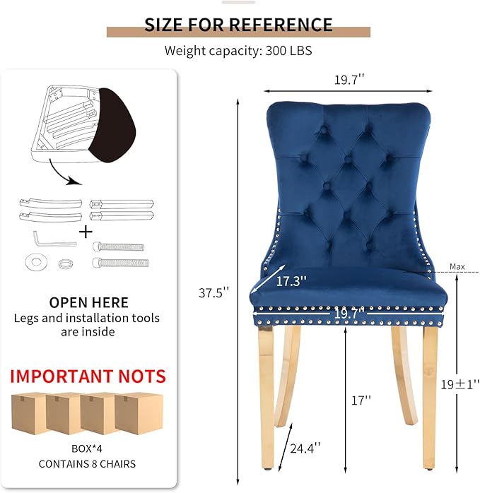 Mid Century Modern Dining Chairs Set of 8, Blue Velvet Upholstered Tufted Back, Kitchen & Dining Room Chairs, Gold Metal Legs, Nailhead Trim, Sillas para Comedor (Blue, 8 Pcs)