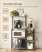 VASAGLE Baker's Rack, Microwave Stand, Kitchen Storage Rack with Wire Basket, 6 Hooks, and Shelves, for Spices, Pots, and Pans, Heather Greige and Ink Black UKKS035B02