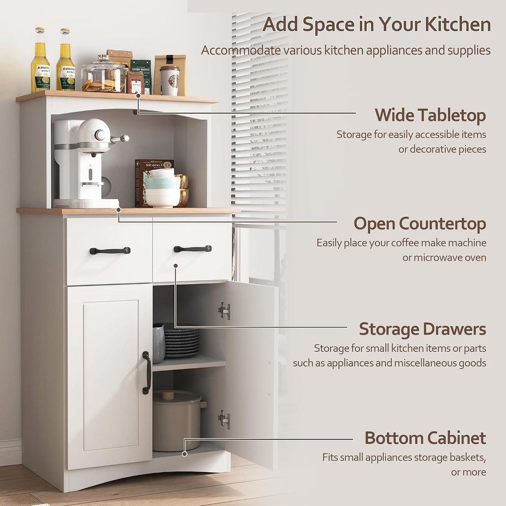 Microwave Cabinet with Storage and Drawers, Kitchen Microwave Stand with Storage, Microwave Stand with Hutch & Adjustable Shelves, Microwave and Coffee Bar Cabinet for Kitchen, Dining Room