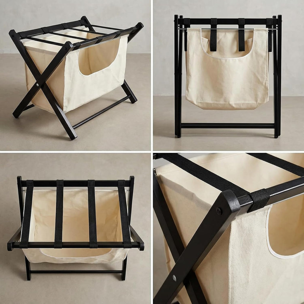 Bluecat Folding Luggage Rack 4 Pack with Detachable 43L Laundry Bag, 150Lbs Solid Wood Suitcase Stand, Space-Saving Luggage Holder for Guest Room Hotel Bedroom Entryway, Black