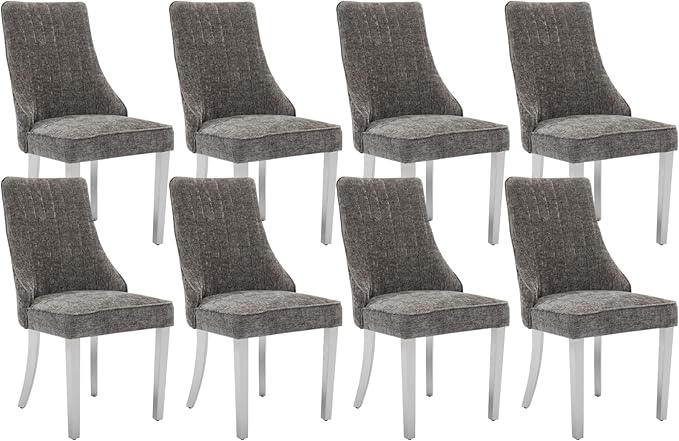 Dining Room Chairs Set of 8，Modern Channel Tufted Upholstered Dining Chairs with Silver Stainless Steel Legs, Comfortable Chenille Fabric Kitchen Chairs for Dining Room (Grey, 8pc)