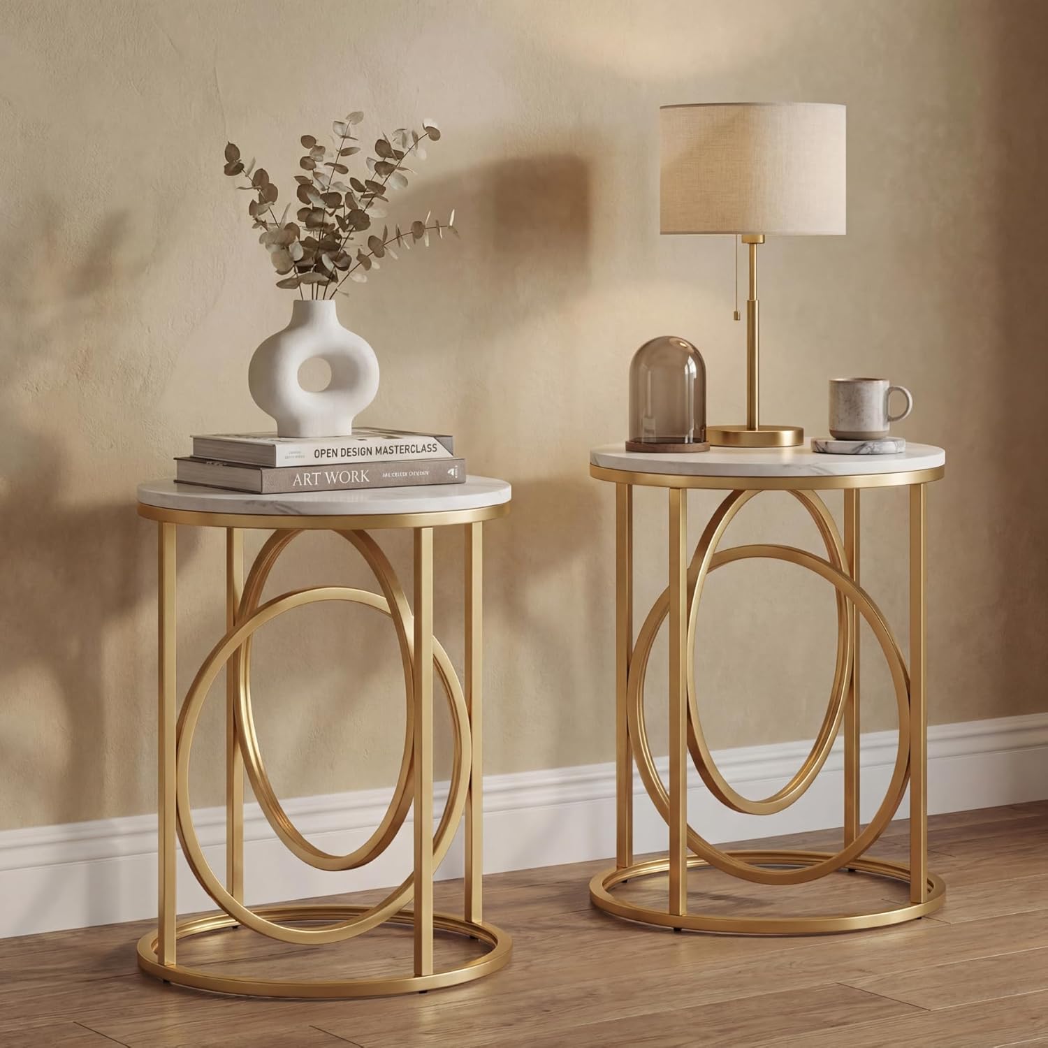 LITTLE TREE 20” Round End Table，Modern Sofa Side Table with Gold O-Shaped Base, Faux Marble White Cocktail Table Accent Table Nightstand for Living Room Bedroom, 2PCS