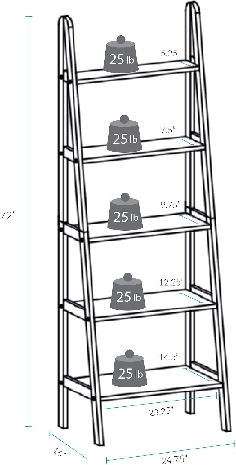 Casual Home 100% Solid Wood 5-Shelf Ladder Bookcase, Standard, 72"H, White