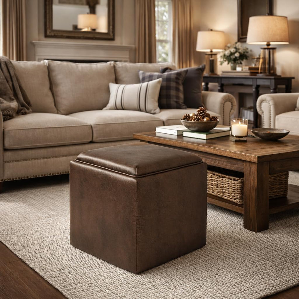 HomePop 17.5" Storage Ottoman with Tray Top - Brown Faux Leather