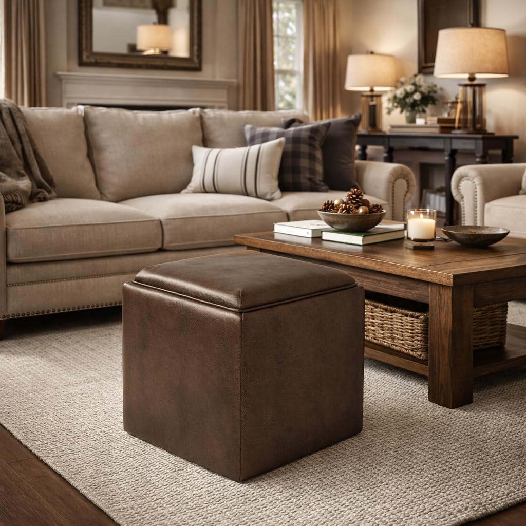 HomePop 17.5" Storage Ottoman with Tray Top - Brown Faux Leather