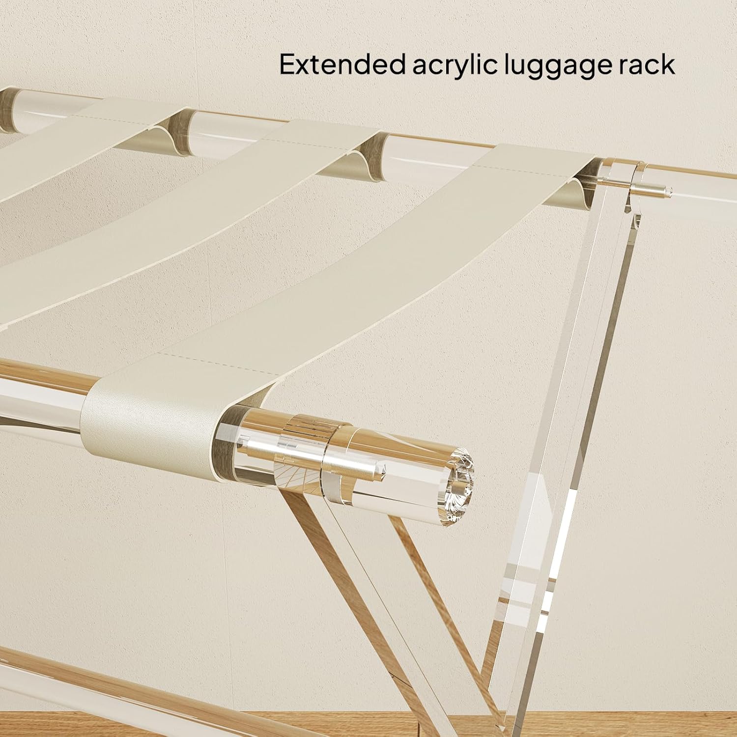 Sumerflos Acrylic Luggage Rack for Guest Room - Foldable Suitcase Stand with Leather Straps for Bedroom Living Room Hotel Heavy-Duty, Holds up to 50-100 lb lightweight Space Saving, Beige, 1 Pack