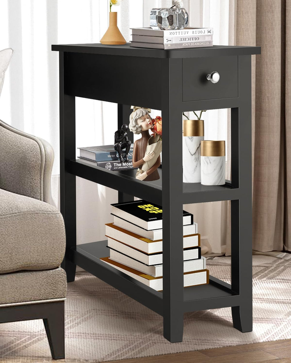 Homdox Narrow Side Table, 3 Tier Sofa End Table with Drawer and Shelf for Liv...