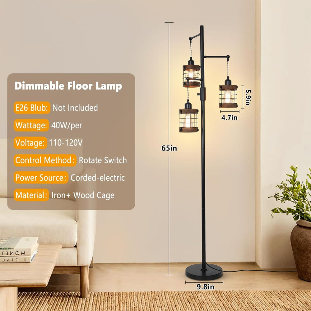 Dimmable Floor Lamps for Living Room, 3-Light Industrial Floor Lamp with Wood...