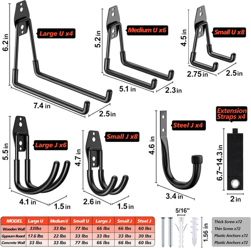 40 Pack Heavy Duty Garage Hooks,Solid Steel Wall Mount Hangers,with Anti-Slip Coating,for Hanging and Organising Ladder,Bike,Ropes,Broom,Garden,Yard and Power Tools
