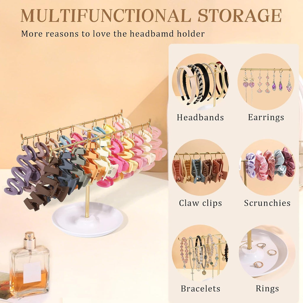 Metal Headband Holder Organizer, 2-Tier Headband Storage with Tray, Hairband Display Stand with Golden Rings, Hair Accessories Claw Clip Organizer for Women and Girls (Gold)