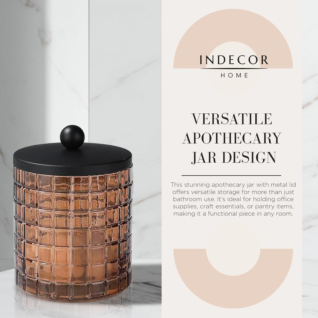Amber Colored Tranlucent Apothecary Etched Geometric Grid Glass Jar W/Matte Black Metal Lid for Bathroom Organization, Cotton Balls, Q Tips, and Small Accessories, Bathroom Storage