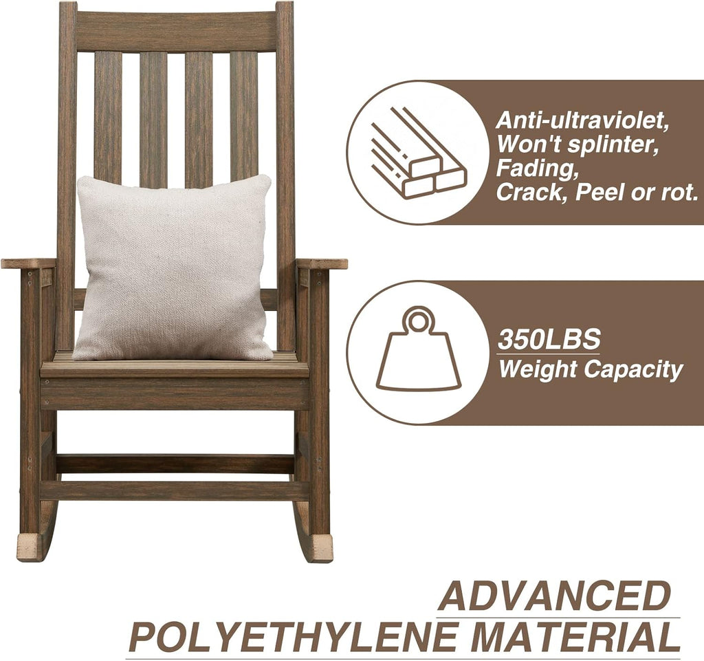 Oversized Outdoor Rocking Chair, Porch Rocker with High Back, Brown | HDPE Patio Rocking Chairs, Weather Resistant & 350lbs Heavy Duty Porch Rocker with High Back for Backyard,Garden and Balcony