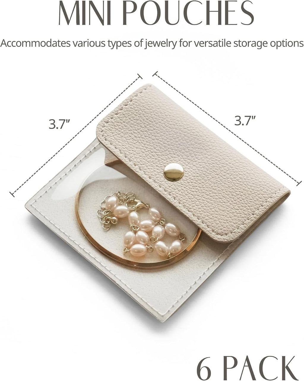 6 Pcs Jewelry Bags Clear Mini Pouch Small Jewelry Pouches for Traveling Leather Portable Travel Jewelry Organizer and Storage Bag for Earrings, Necklace, Beige