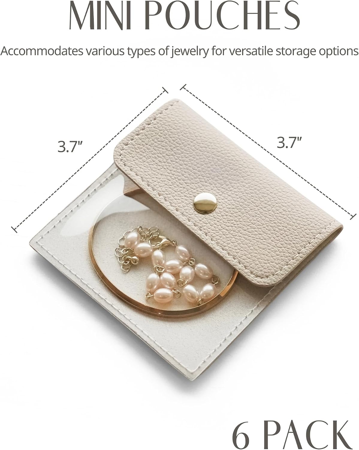 6 Pcs Jewelry Bags Clear Mini Pouch Small Jewelry Pouches for Traveling Leather Portable Travel Jewelry Organizer and Storage Bag for Earrings, Necklace, Beige