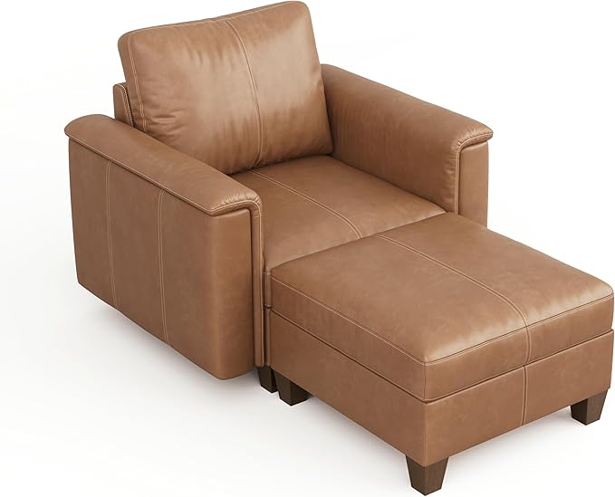 SITJOY Faux Leather Modular Sectional Sofa with Storage, Mid Century Modern Sectional Couches for Living Room, Soft Padded Armrests, Chaise Lounge with Ottoman, Brown