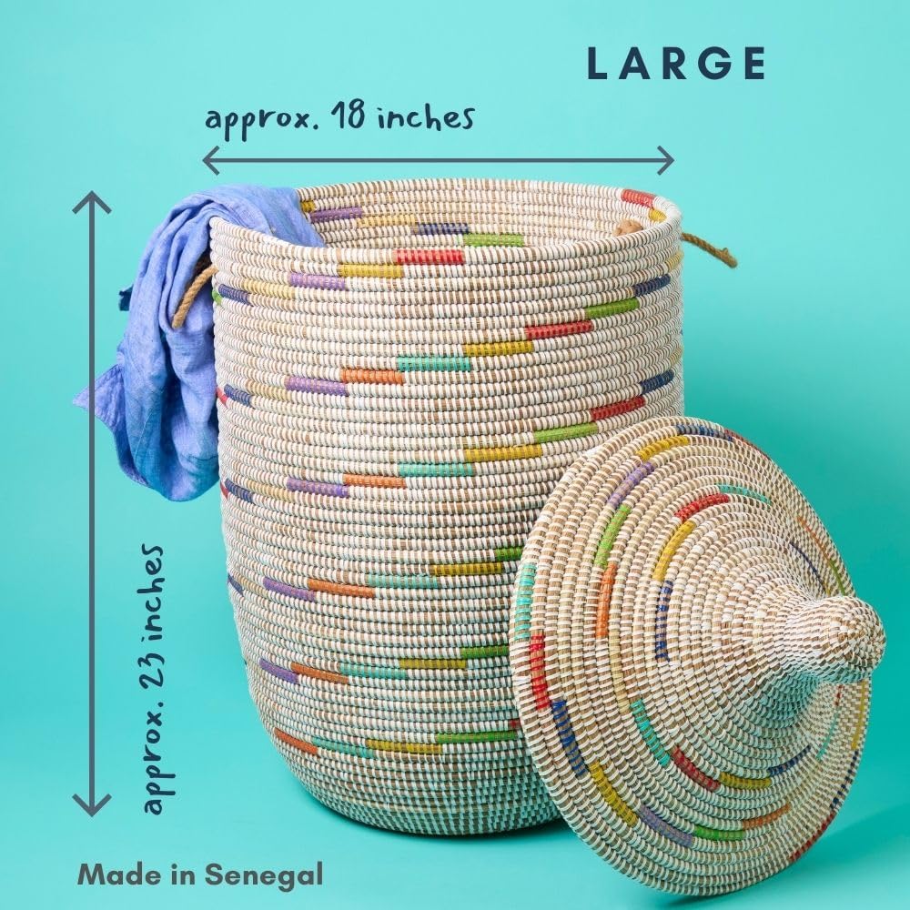 Tall Large Decorative Wicker Storage Basket with Lid, Laundry Hamper, Blanket Storage, Toys Bin, Clothes Holder, Boho Style (Colors White)