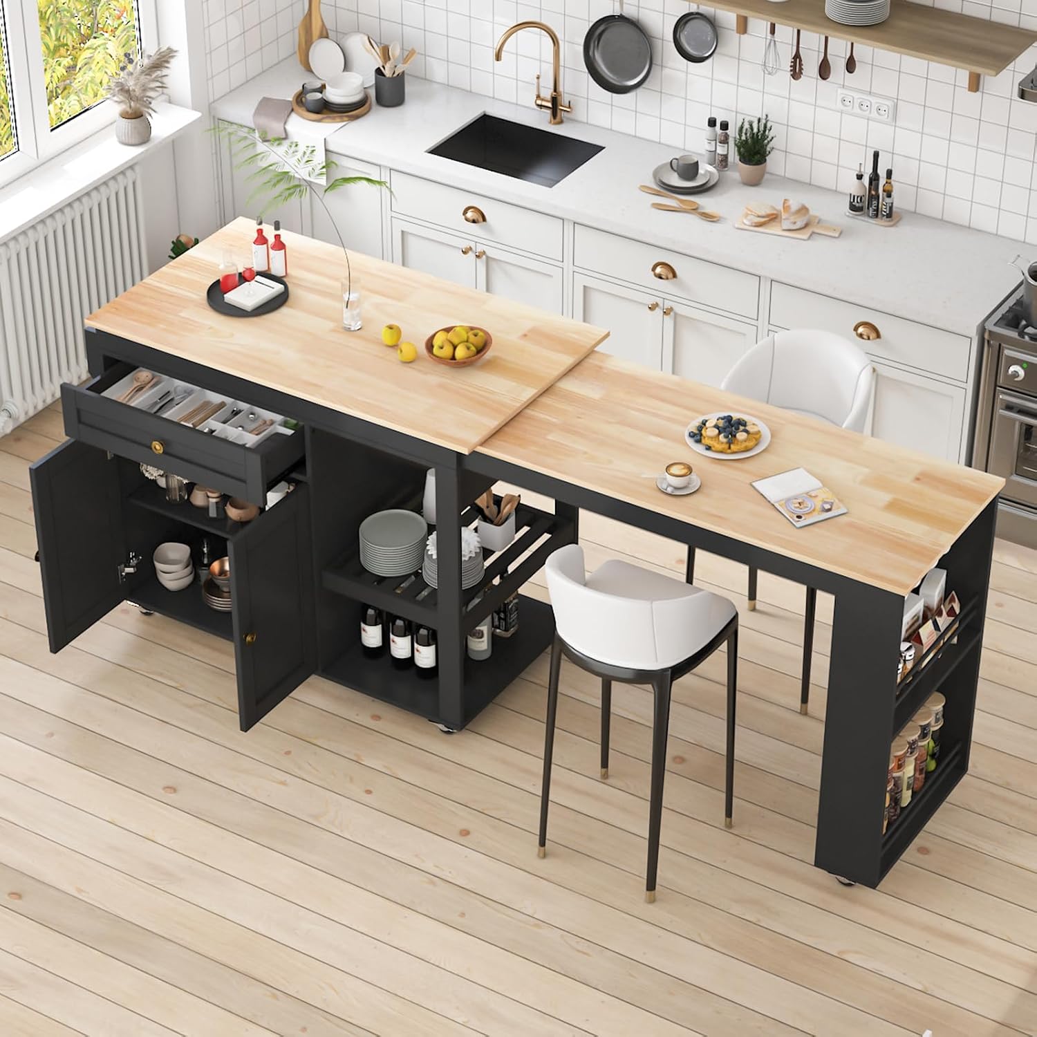 81.5" Kitchen Island with Extendable Dining Table, Rolling Kitchen Cart on Wheels with Spice Rack, Drawer and Door Cabinet for Dining Room, Black