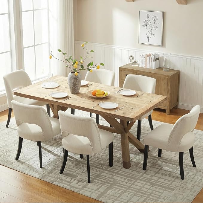 keoni Wooden Dining Chairs Set of 6, Mid Century Modern Upholstered Dining Room Chairs with Black Wood Legs, Fabric Farmhouse Kitchen Chairs with Foot Pegs for Dining Room, Beige