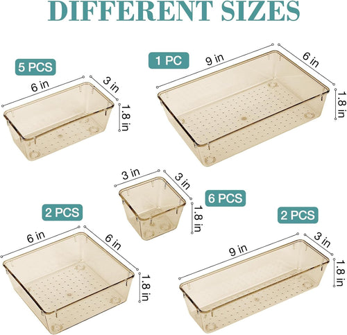 16 PCS Drawer Organizer Set, 5 Varied Size Bathroom and kitchen Drawer cabinet organizer Trays, Clear Storage Bins for Makeup, Jewelry, Utensils and Gadgets, Champagne
