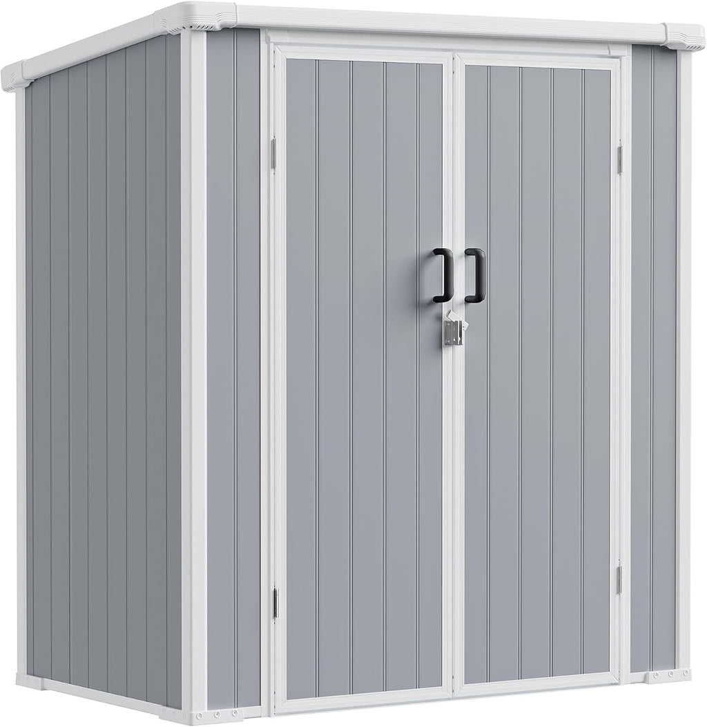 5x3 ft Outdoor Storage Shed with Floor, All-Weather Resin Tool Shed with 2 Shelves, Heavy-Duty Garden Shed for Yard, Bicycle, and Lawn Equipment, Easy Assembly, Aritic Light Gray