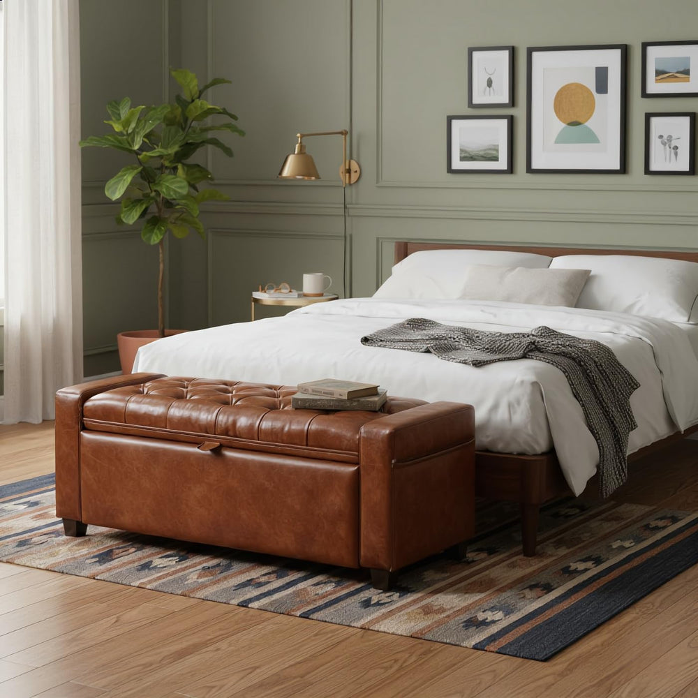 43.31'' Storage Ottoman Bench, Leather Upholstered Tufted Bedroom Ben...