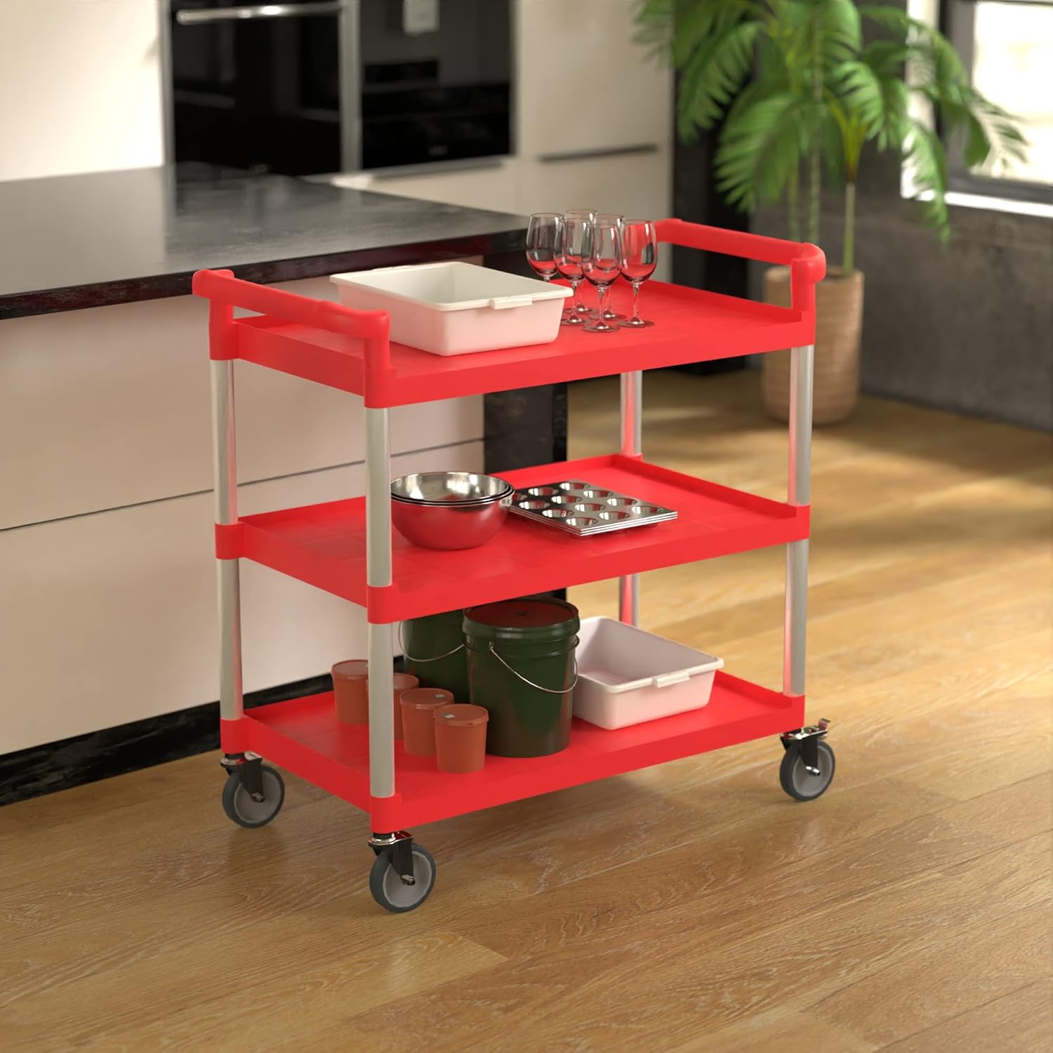 Red Utility/Bussing Cart with Three Shelves - 42" x 20"