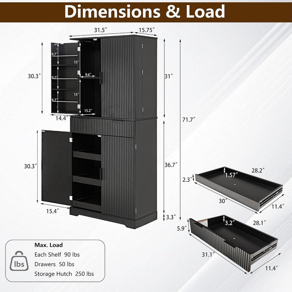 72” Kitchen Pantry Cabinet, Fluted Kitchen Cupboard with Doors and Large Draw...