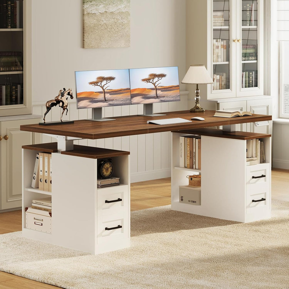 55 Inch Farmhouse Standing Desk with Storage Drawers, Walnut White