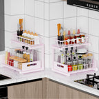 Under Sink Organizer Storage: Adjustable Height, 2 Tier L-Shaped Pull-Out Metal Shelf with Non-Slip Pads & Rust-Resistant Design Maximize Kitchen & Bathroom Cabinet Space