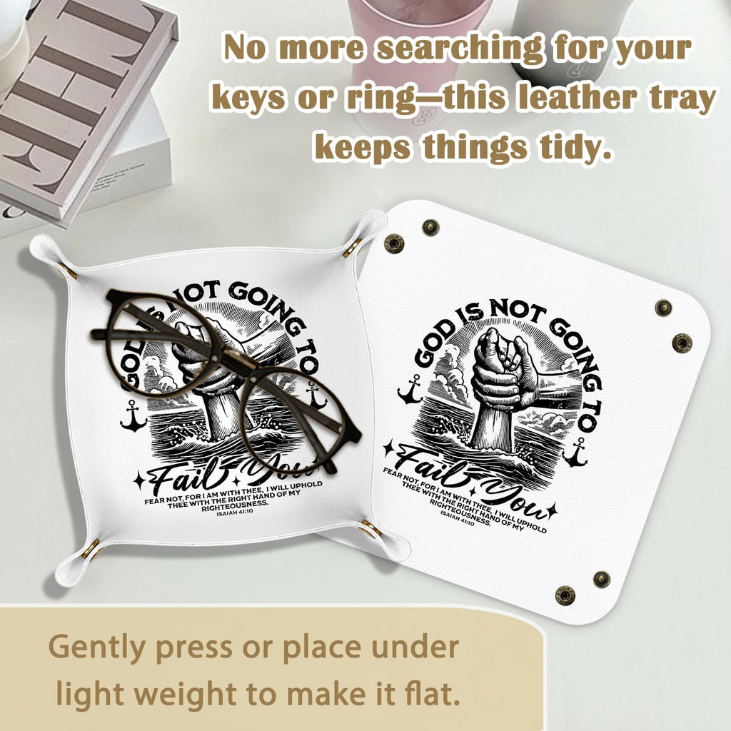 Christian Gifts Leather Jewelry Valet Tray, Religious Bible Verse Gifts PU Leather Catchall Beside Caddy Nightstand Organizer Tray for Jewelry Rings Watches Keys and Accessories, 7.8x7.8inch