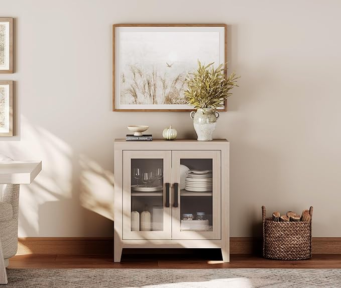 WAMPAT Farmhouse TV Stand for TVs up to 50”, Rustic Wood Entertainment Center with Adjustable Shelf, Glass Doors & Storage, Media Console Cabinet for Living-Room, Bedroom, Beige