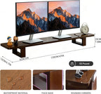 Dual Monitor Stand Riser, 47Inch Solid Wood Desktop Organizer with Non-Slip Pads, Holder for 2 Monitors, Laptops, TV, PC, Printer, Walnut Finish