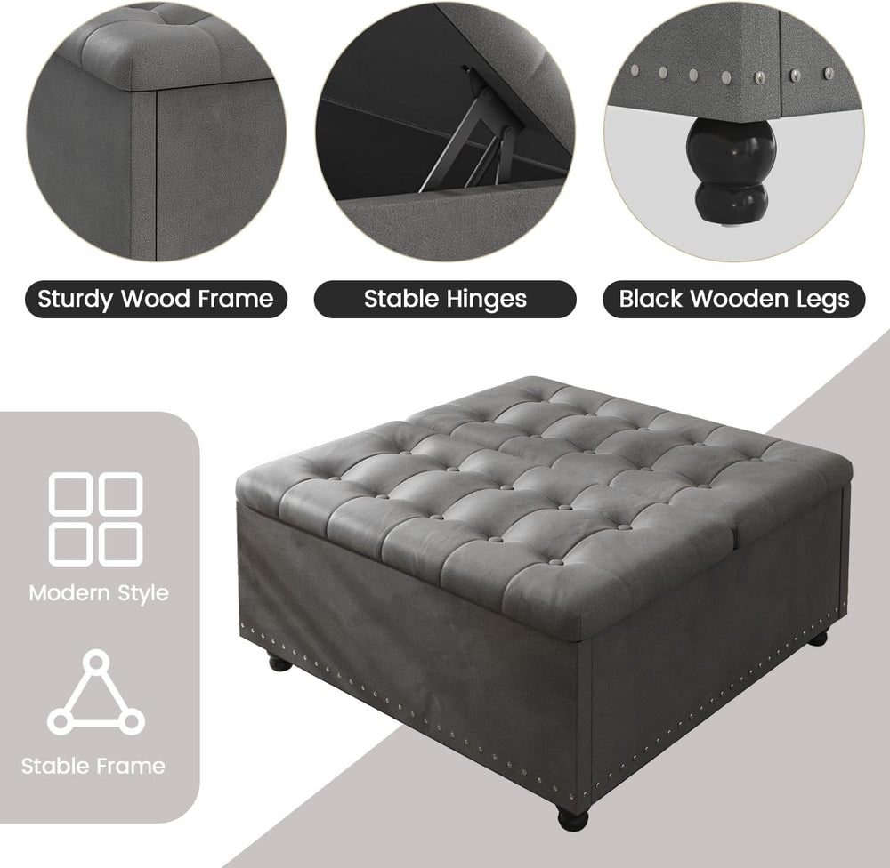 FUXA 35" Large Square Ottoman with Storage and Lift Top, Wood Legs, Gray...