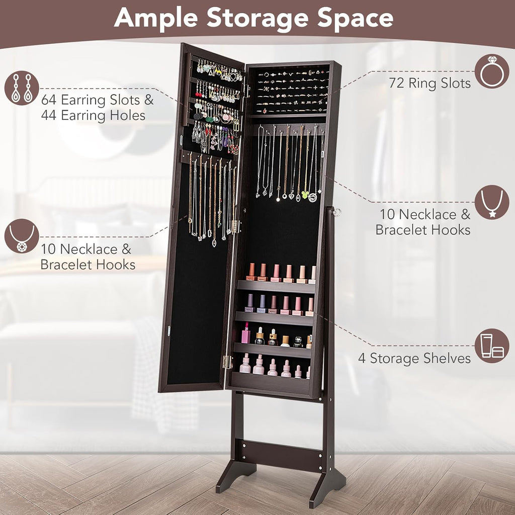 COSTWAY Jewelry Armoire Cabinet, Standing Jewelry Organizer with Full-length Mirror & 3 Adjustable Angles, Large Storage Capacity Jewelry Cabinet for Bedroom, Dressing Room (Coffee)