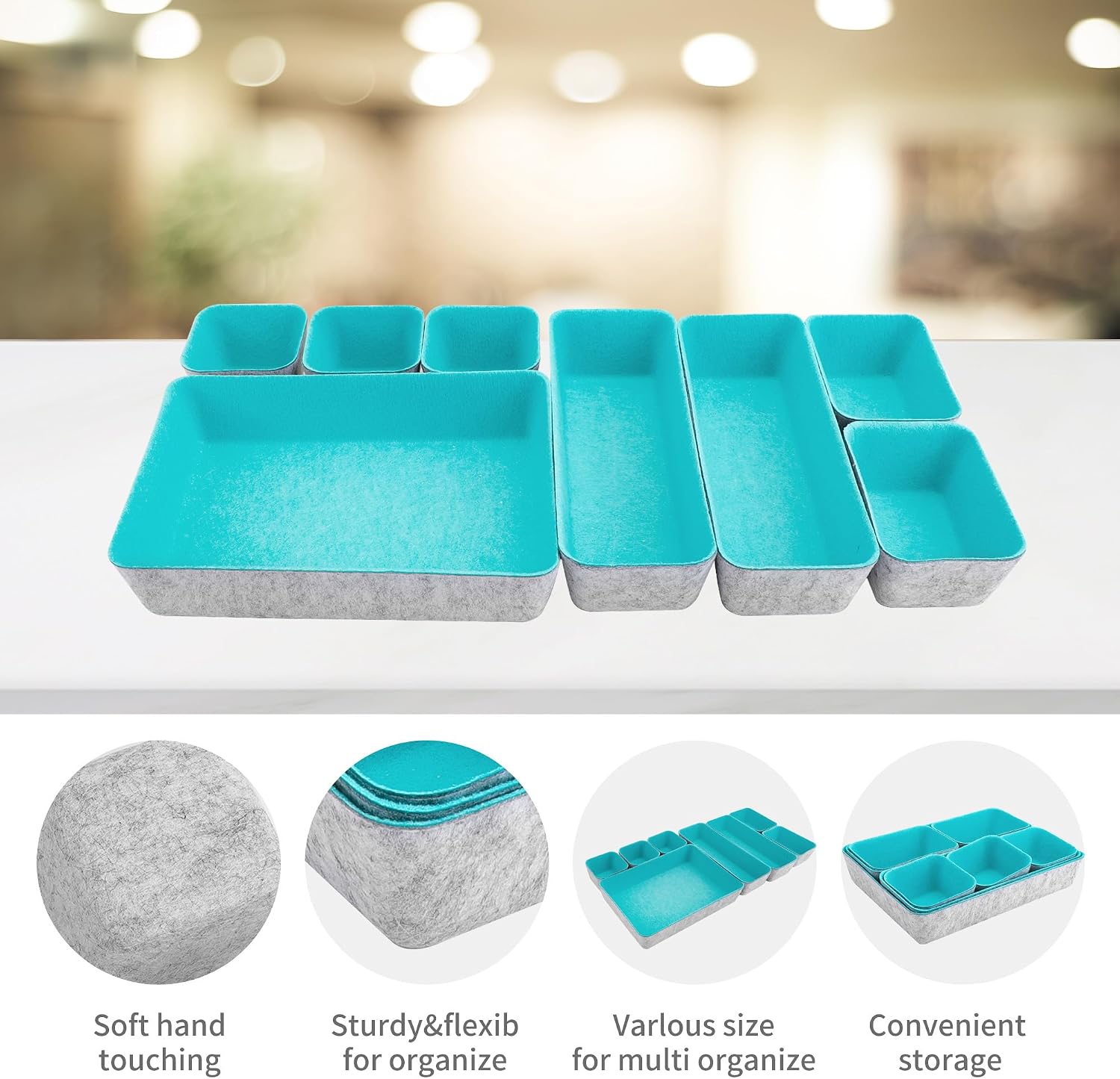 8pcs Drawer Organizers, Separators, Storage Box,Felt Storage Bins Inserts Tool Containers Toy Basket Shelf Cubes Foldable Drawer Dividers Desk Organisers- Blue&Grey