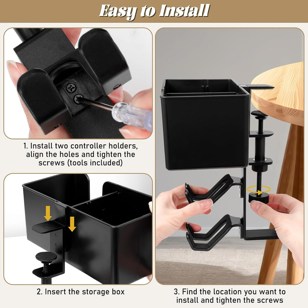 5 in 1 Controller Holder - Desk Cup Holder and Headphone Hanger, Rotatable Under Desk Clamp Organizer Dual Gamepad Headset Stand Gaming Desks Accessories for Xbox, PS4, PS5, PC, Switch
