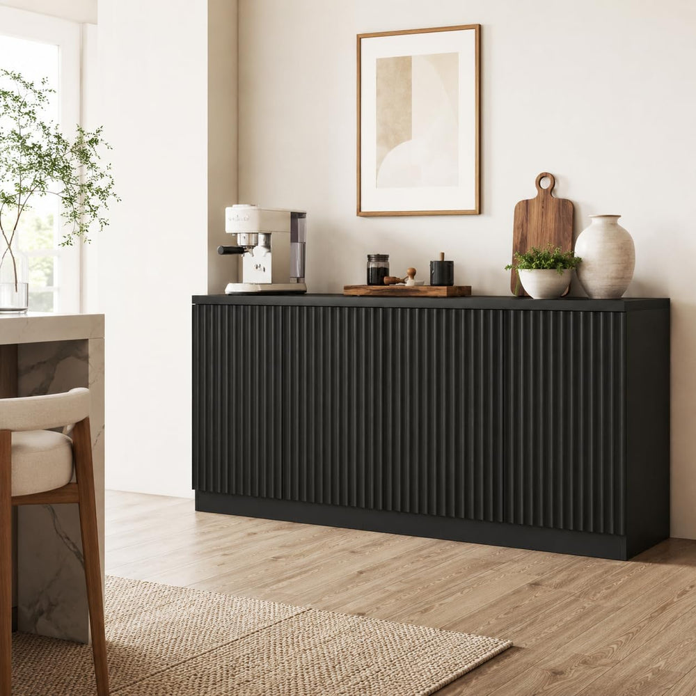 Fluted Sideboard Buffet Cabinet, 63" Credenza Storage Cabinet with 4/6 D...