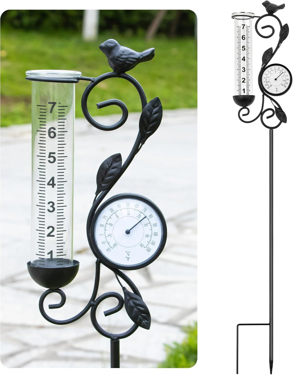 36in Black Bird Rain Gauge Thermometer Metal Garden Stake Decor