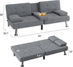 Flamaker Futon Sofa Bed Modern Folding Futon Set Linen Fabric Convertible Recliner Lounge for Living Room with 2 Cup Holders, Removable Armrests (Fabric, Grey)